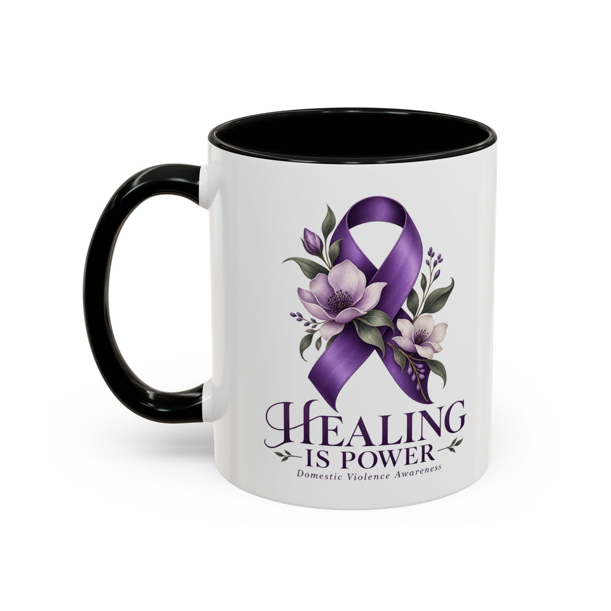 Healing Is Power Purple Ribbon Coffee Mug — Domestic Violence Awareness Accent Mug (11/15oz)