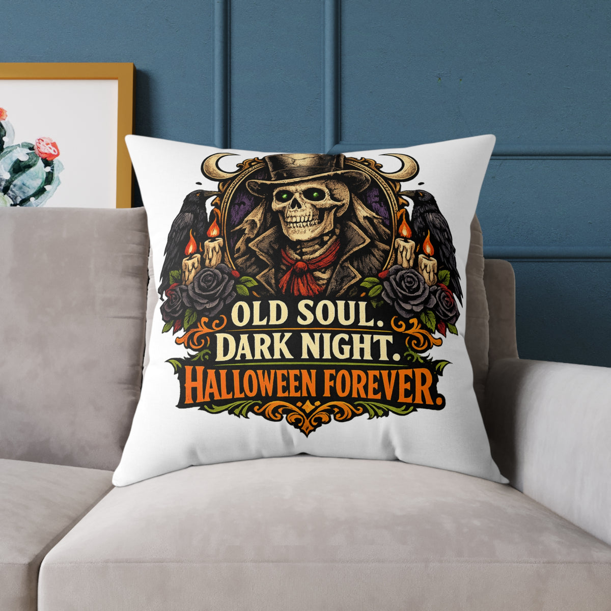 Halloween Skeleton Pillow - "Old Soul, Dark Night. Halloween Forever" Square Decorative Cushion
