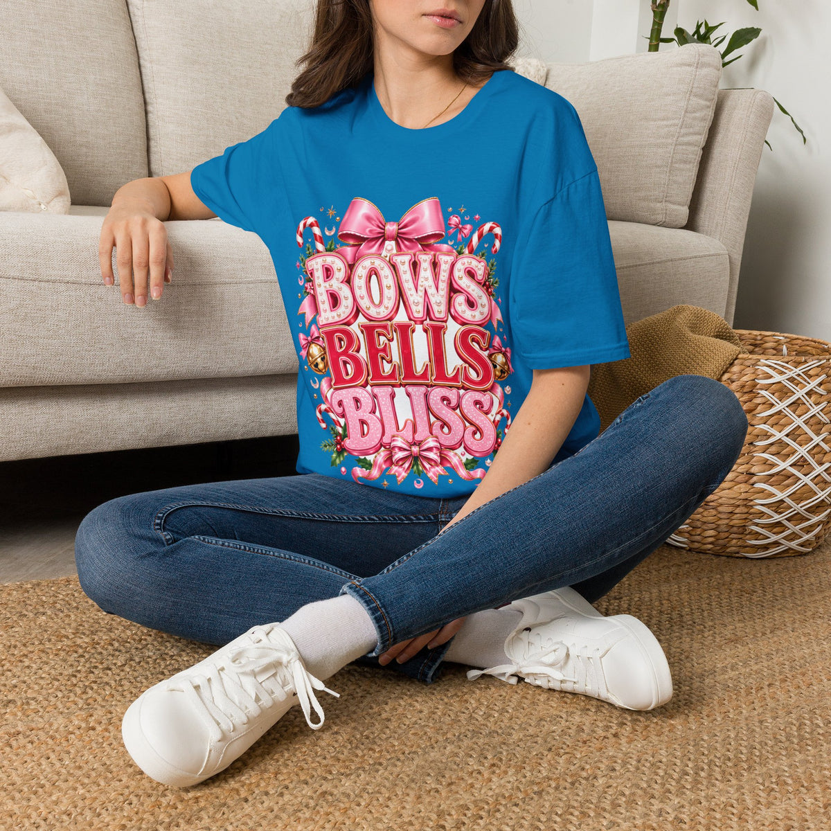 Bows Bells Bliss Christmas T‑Shirt — Pink Holiday Bow Graphic