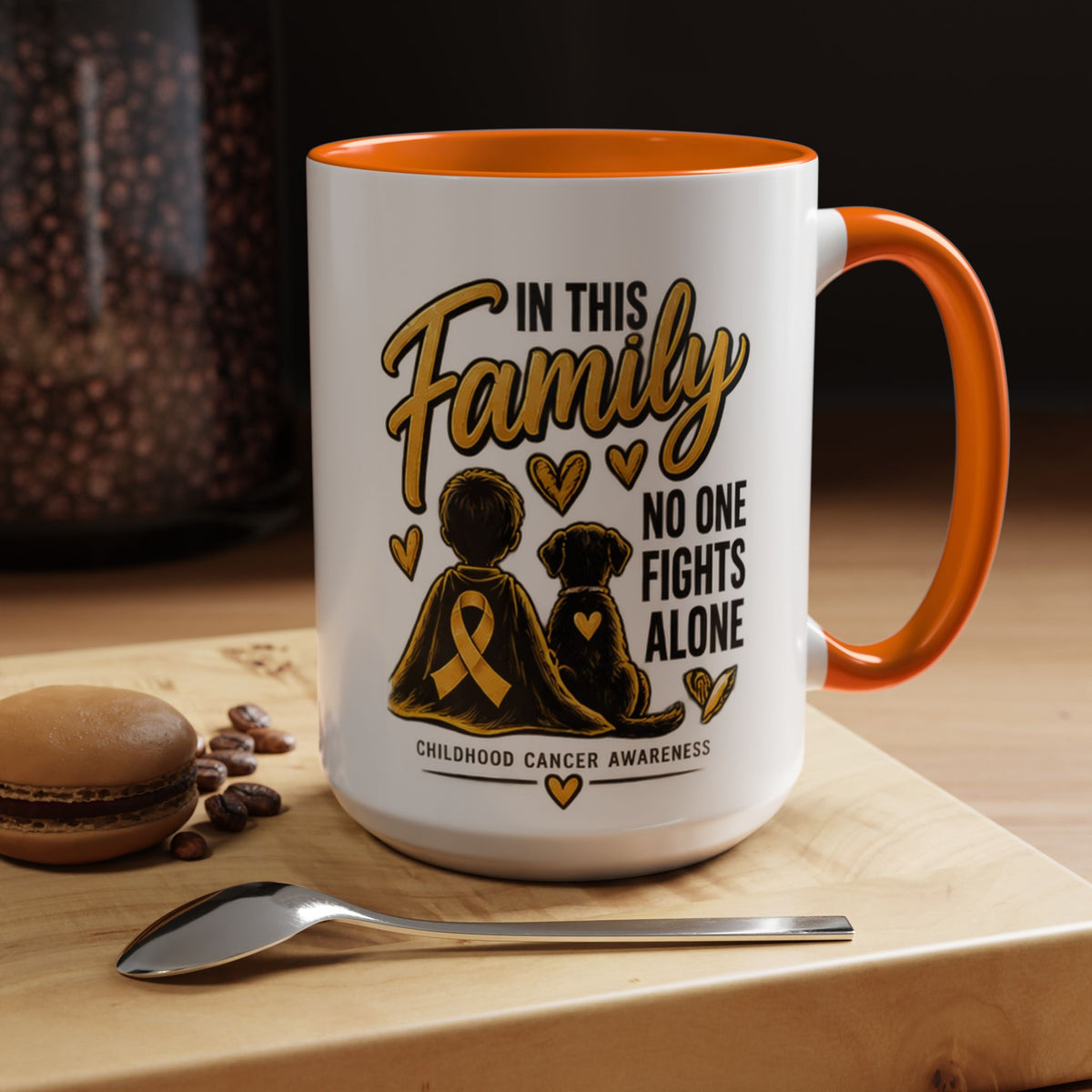 Childhood Cancer Awareness Accent Coffee Mug – "In This Family No One Fights Alone" (11/15oz)