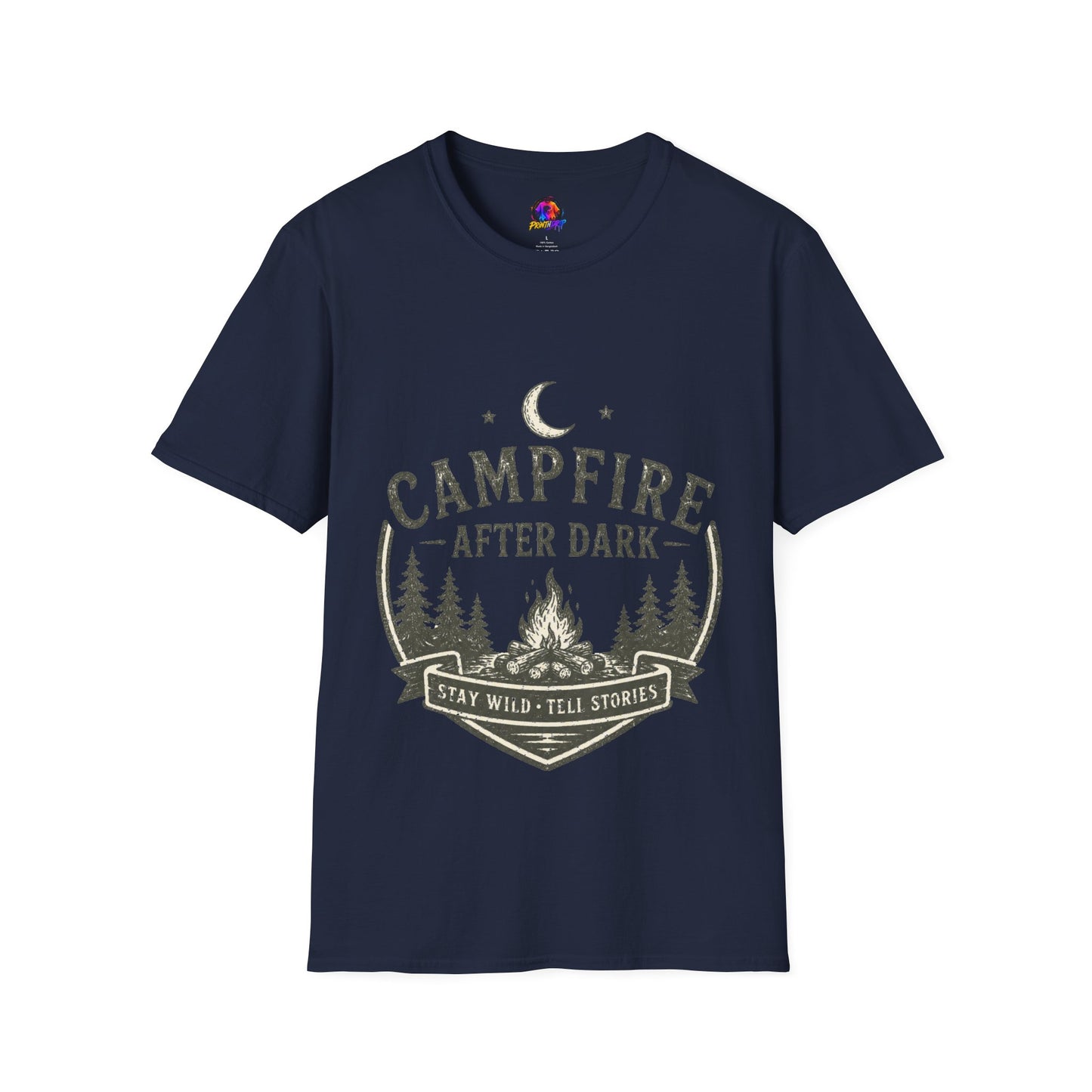Campfire T-Shirt — "Campfire After Dark" Moonlit Camping Graphic