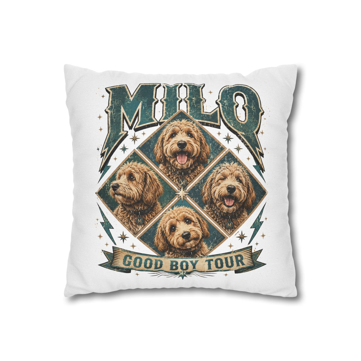 Milo “Good Boy Tour” Dog Photo Square Pillowcase Milo Bailey Dog Dad Mom