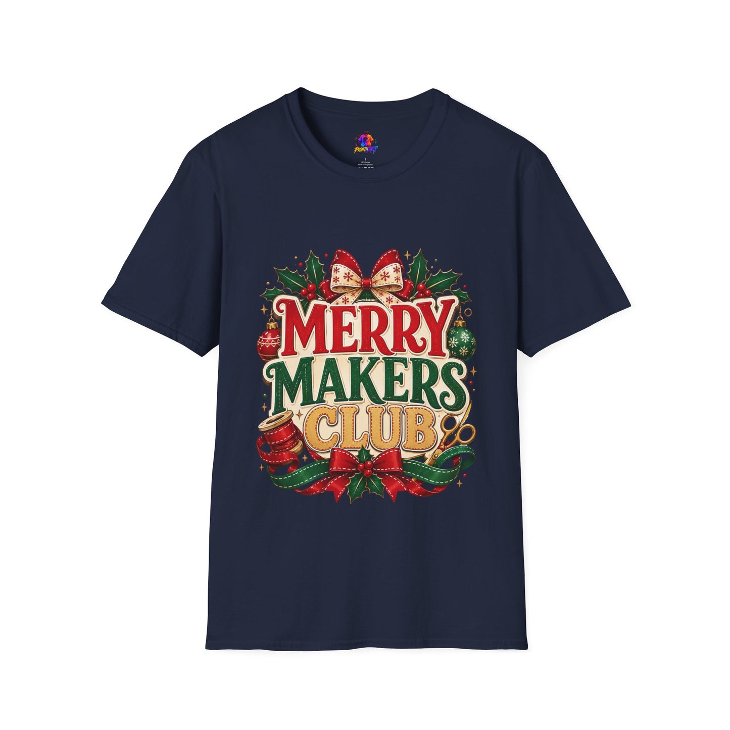 Merry Makers Club T-Shirt — Festive Christmas Holiday Tee with Holly & Bow