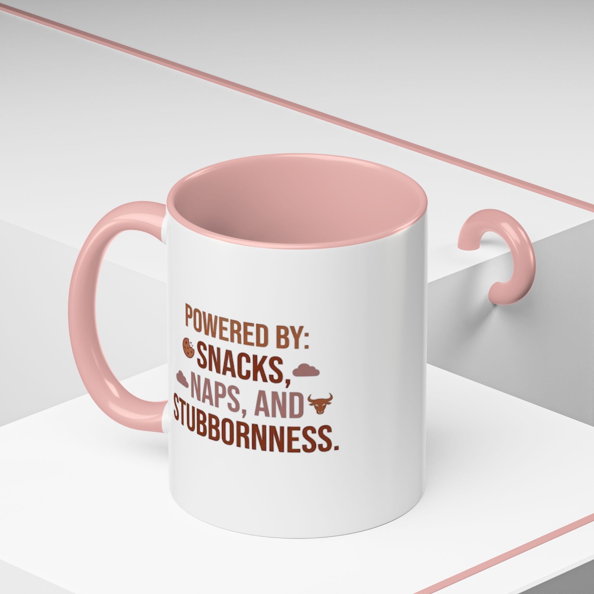 Coffee Mug — "Powered by: Snacks, Naps, and Stubbornness" Ceramic Accent Mug