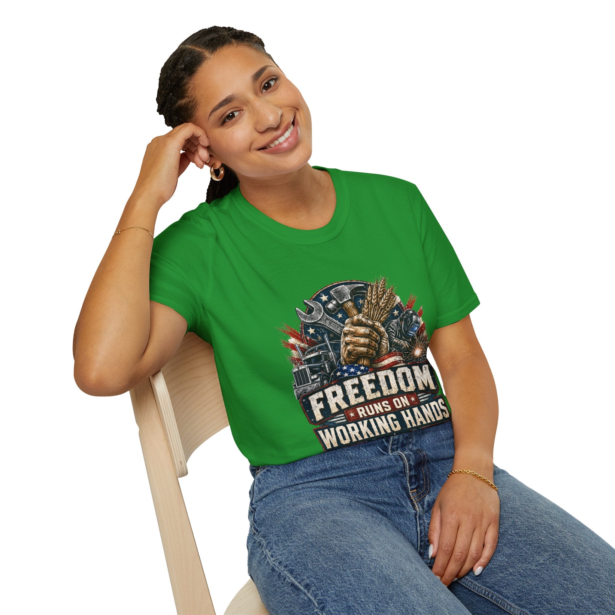 Freedom Runs on Working Hands T-Shirt — Patriotic Mechanic Tool & Wheat Design