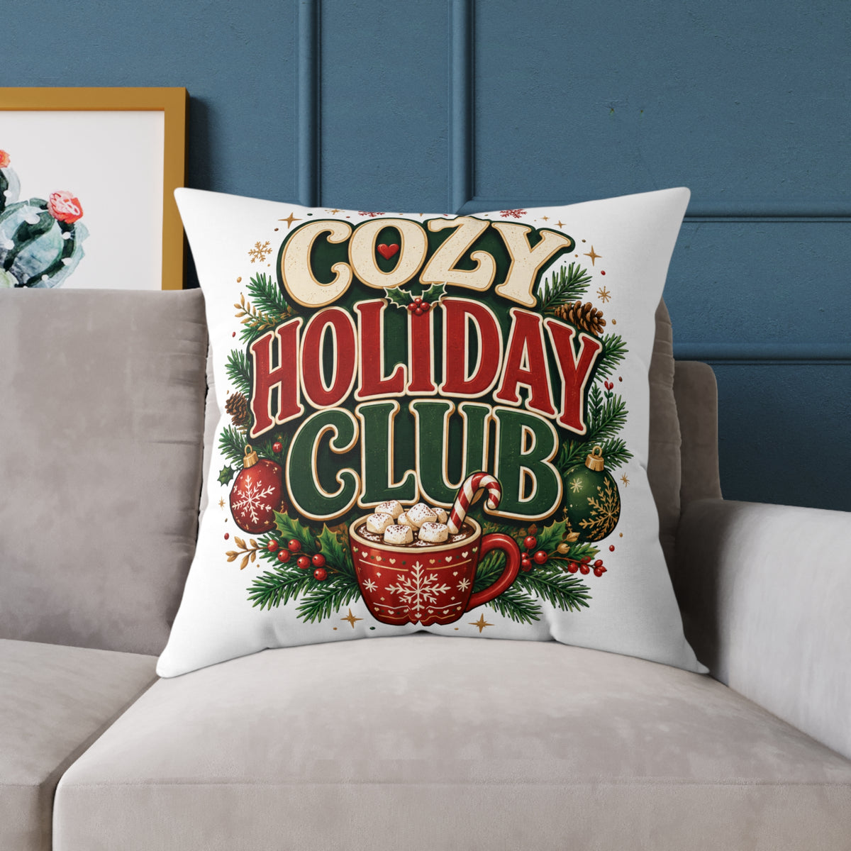 Christmas Cozy Holiday Club Throw Pillow – Festive Christmas Cocoa Decorative Cushion