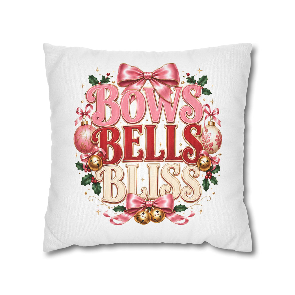 Christmas Decorative Pillowcase — "Bows Bells Bliss" Pink Holiday Throw Pillowcase