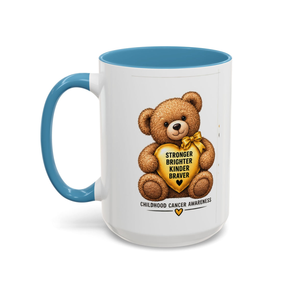 Childhood Cancer Awareness Coffee Mug — 'Stronger Brighter Kinder Braver' Teddy