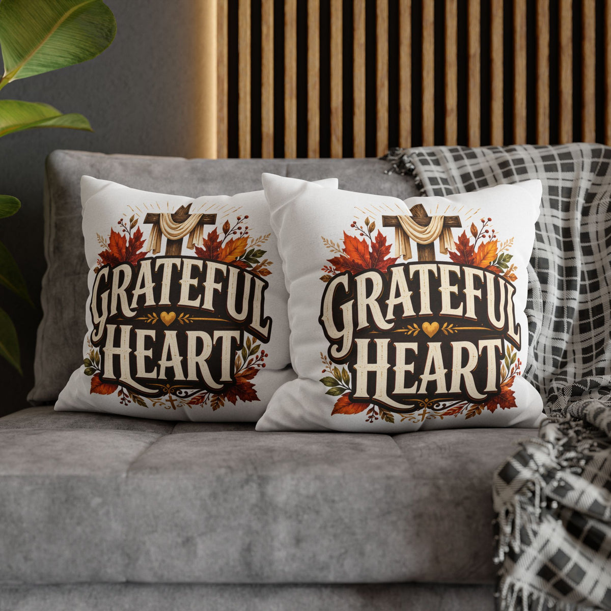 Thanksgiving Grateful Heart Throw Pillow — Autumn Cross Faith Decorative Pillowcase