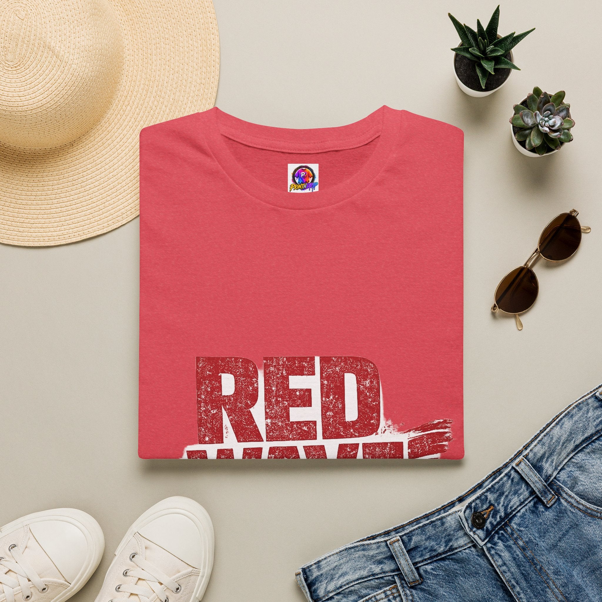 South Korea Red Wave Graphic T‑Shirt — Vintage Distressed Logo Tee
