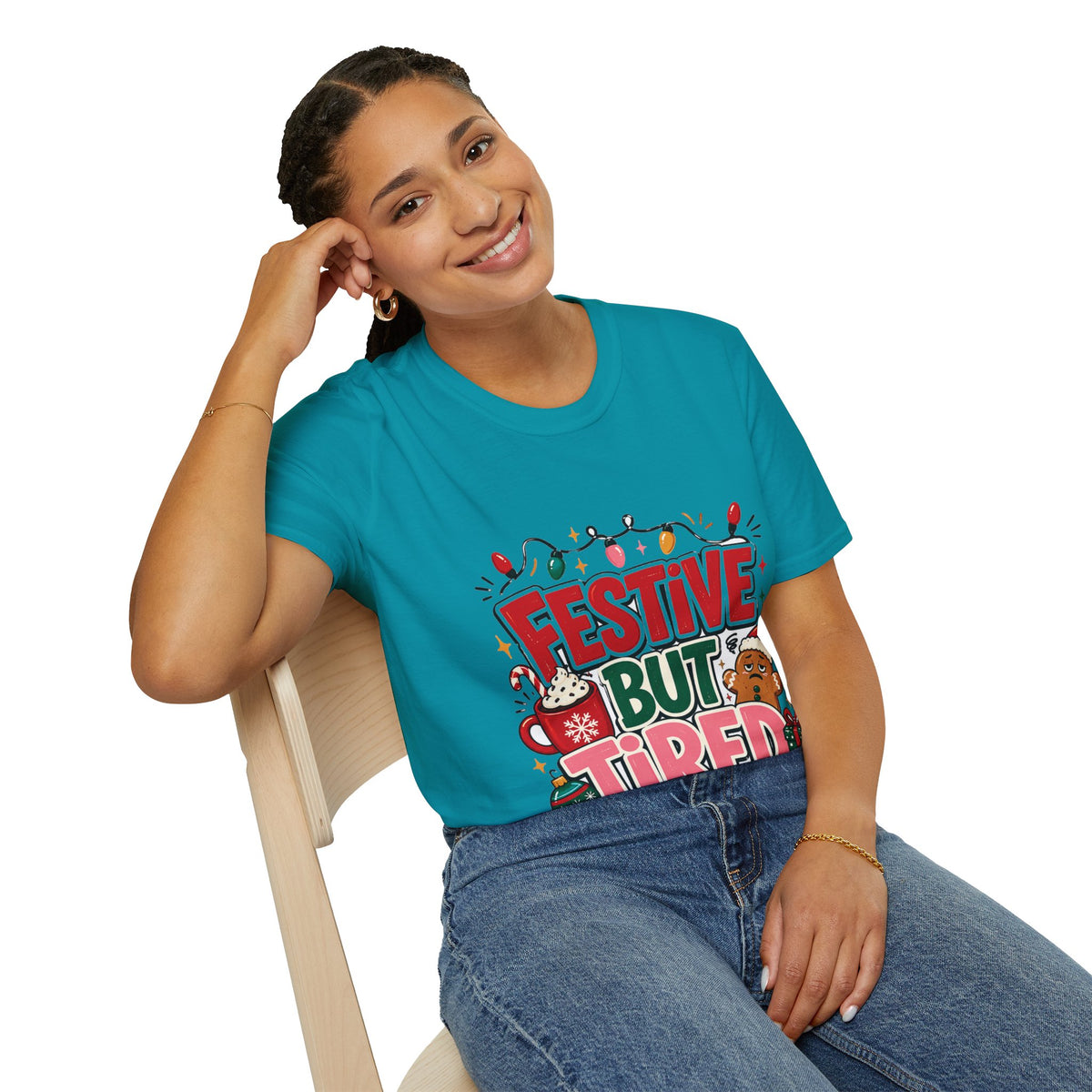 Festive But Tired T-Shirt — Holiday Christmas Crew Tee with Lights & Gingerbread
