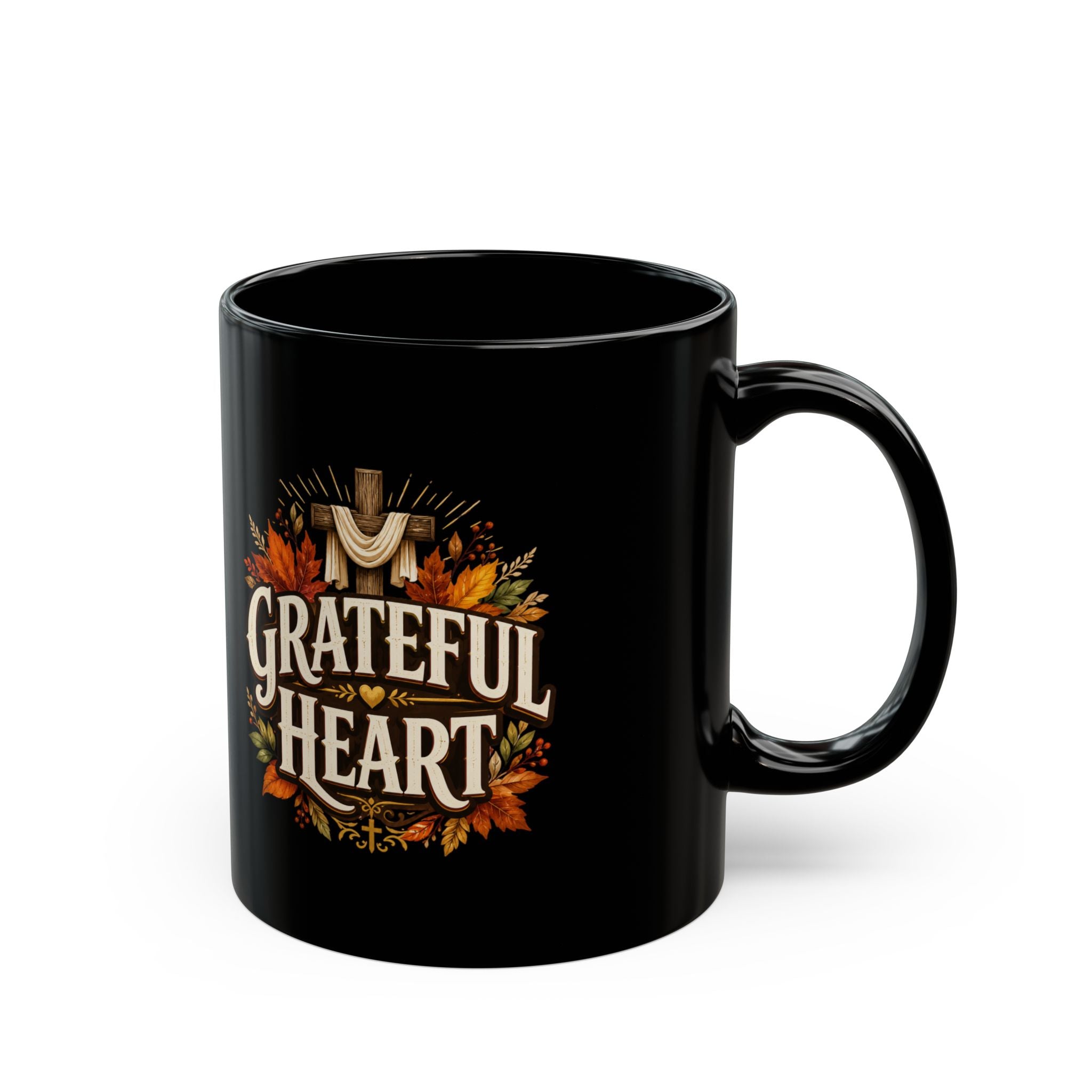 Thanksgiving Black Mug Grateful Heart Black Mug – Thanksgiving Autumn Leaves Coffee Cup