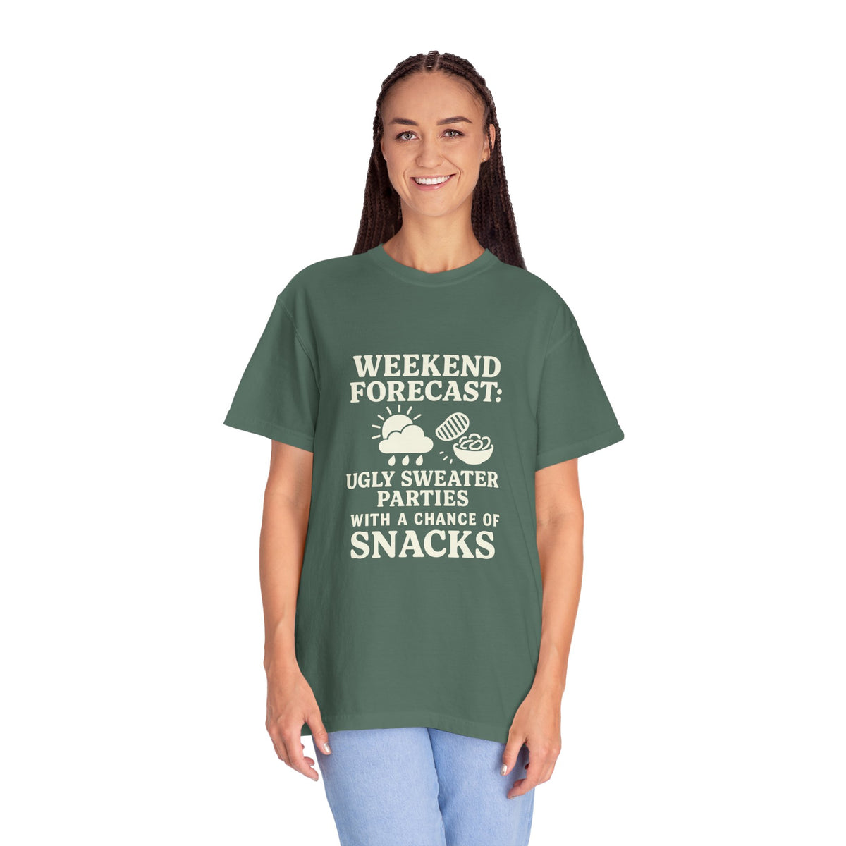 Weekend Forecast T-Shirt — "Ugly Sweater Parties with a Chan of Snacks" Holiday Tee - Trending Now - October 2026