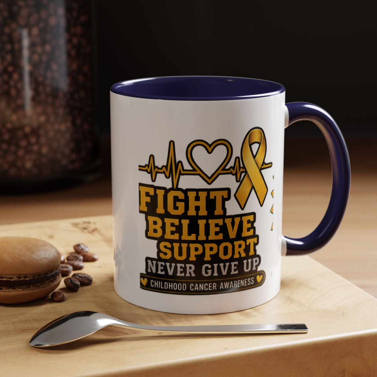 Childhood Cancer Awareness Accent Coffee Mug — "Fight Believe Support" 11/15oz
