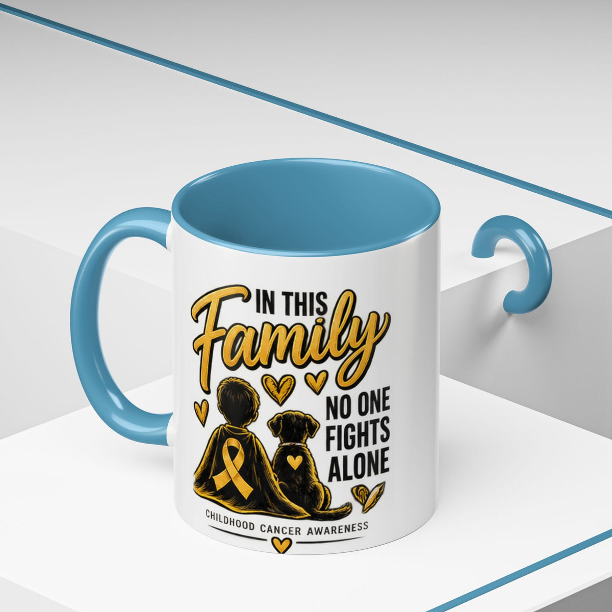 Childhood Cancer Awareness Accent Coffee Mug – "In This Family No One Fights Alone" (11/15oz)