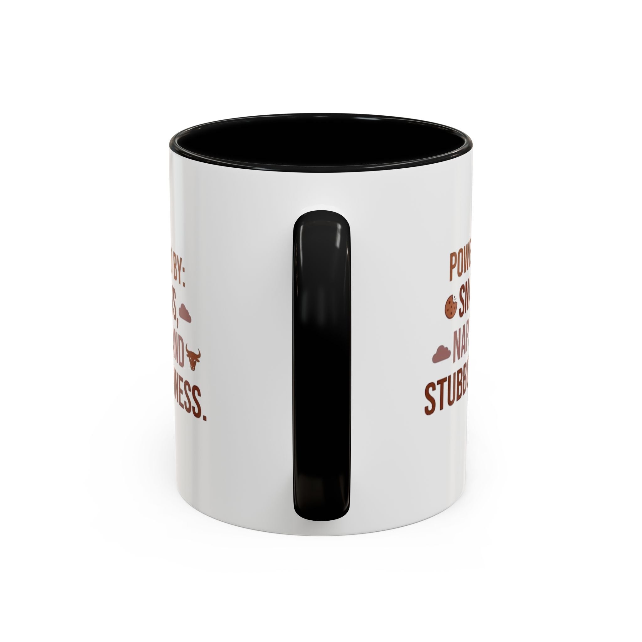 Coffee Mug — "Powered by: Snacks, Naps, and Stubbornness" Ceramic Accent Mug