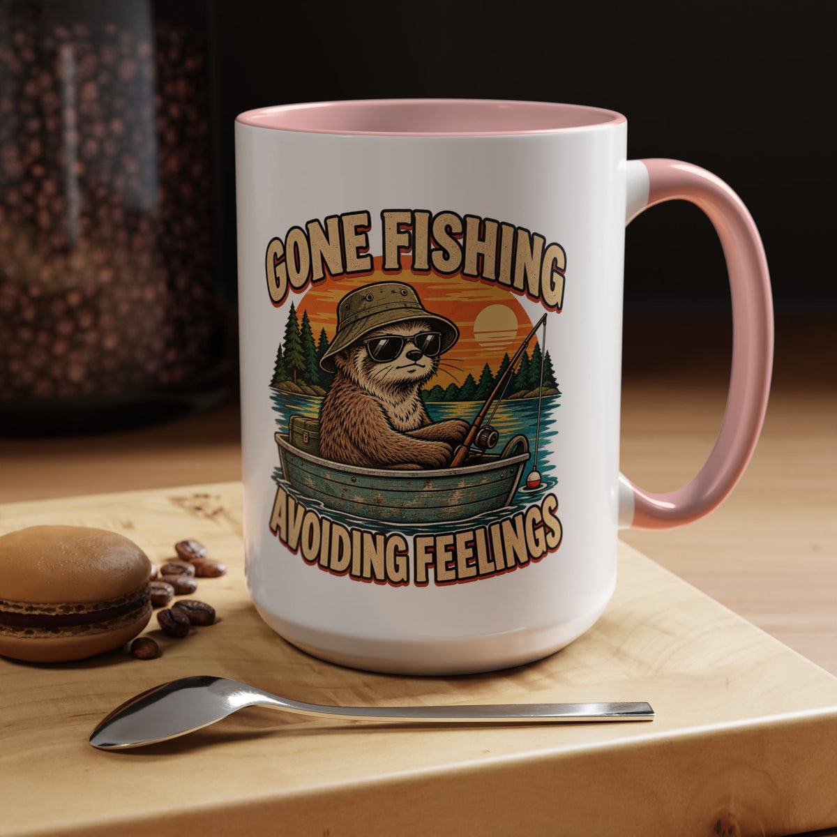 Funny And Witty "Gone Fishing Avoiding Feelings" Accent Coffee Mug (11, 15oz)