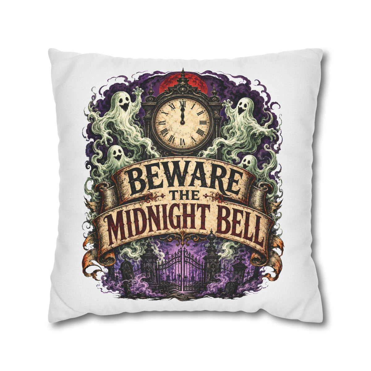 Halloween Beware the Midnight Bell Pillowcase — Haunted Clock & Ghosts Decorative Throw Pillow