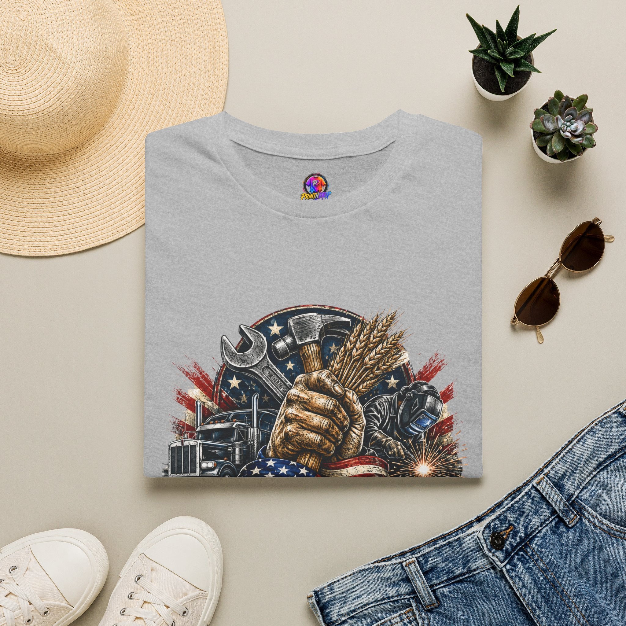 Freedom Runs on Working Hands T-Shirt — Patriotic Mechanic Tool & Wheat Design