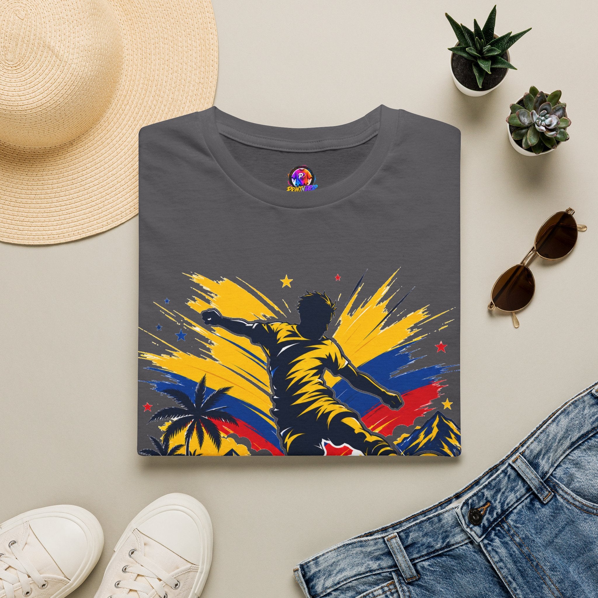 Columbia Soccer Player Graphic T-Shirt — "Golden Rhythm" Vibrant Beach Soccer Tee