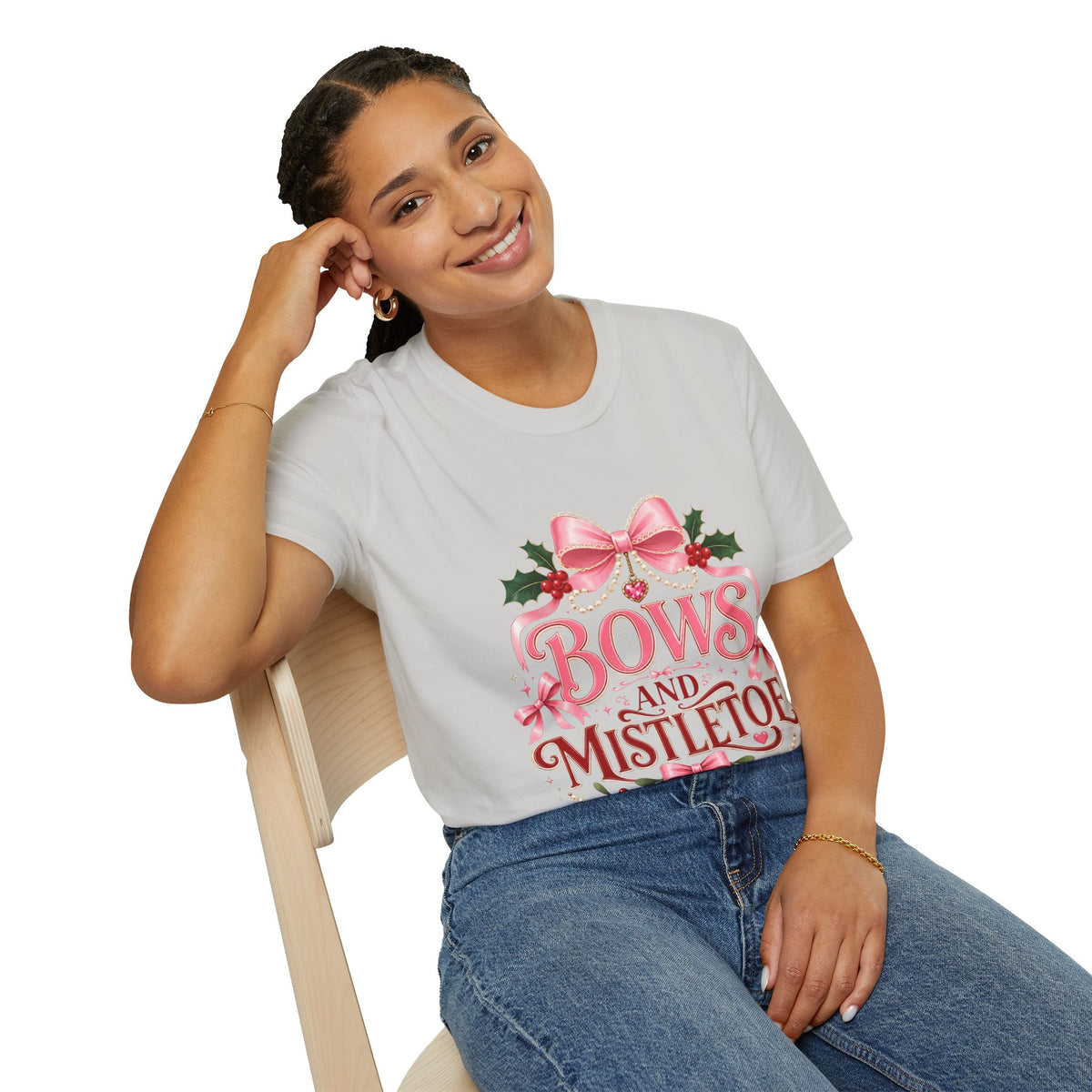 Bows and Mistletoe T-Shirt — Pink Holiday Bow Christmas Tee