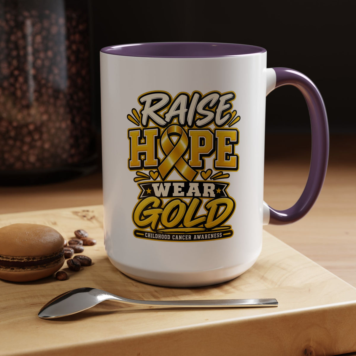 Raise Hope Wear Gold Cancer Awareness Coffee Mug (Accent, 11/15oz)