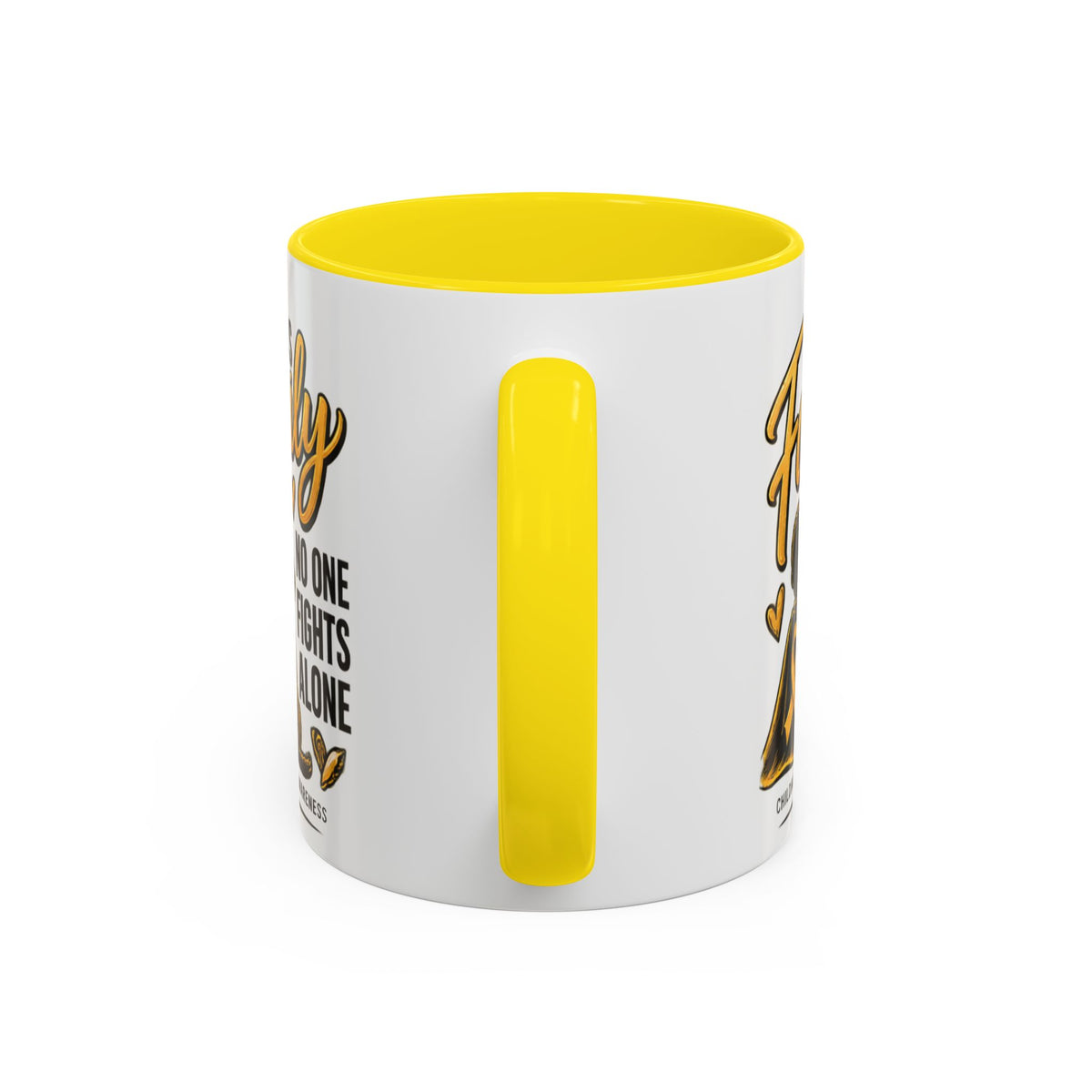Childhood Cancer Awareness Accent Coffee Mug – "In This Family No One Fights Alone" (11/15oz)