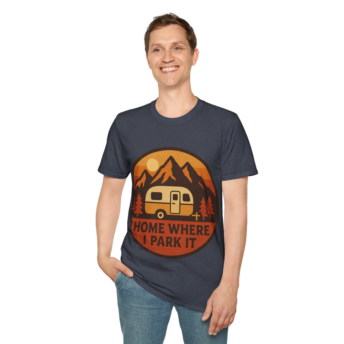 "Home Where I Park It" Vintage Camper Van Graphic Tee - Retro Sunset Mountain White T-Shirt - Trending Now - September 2026