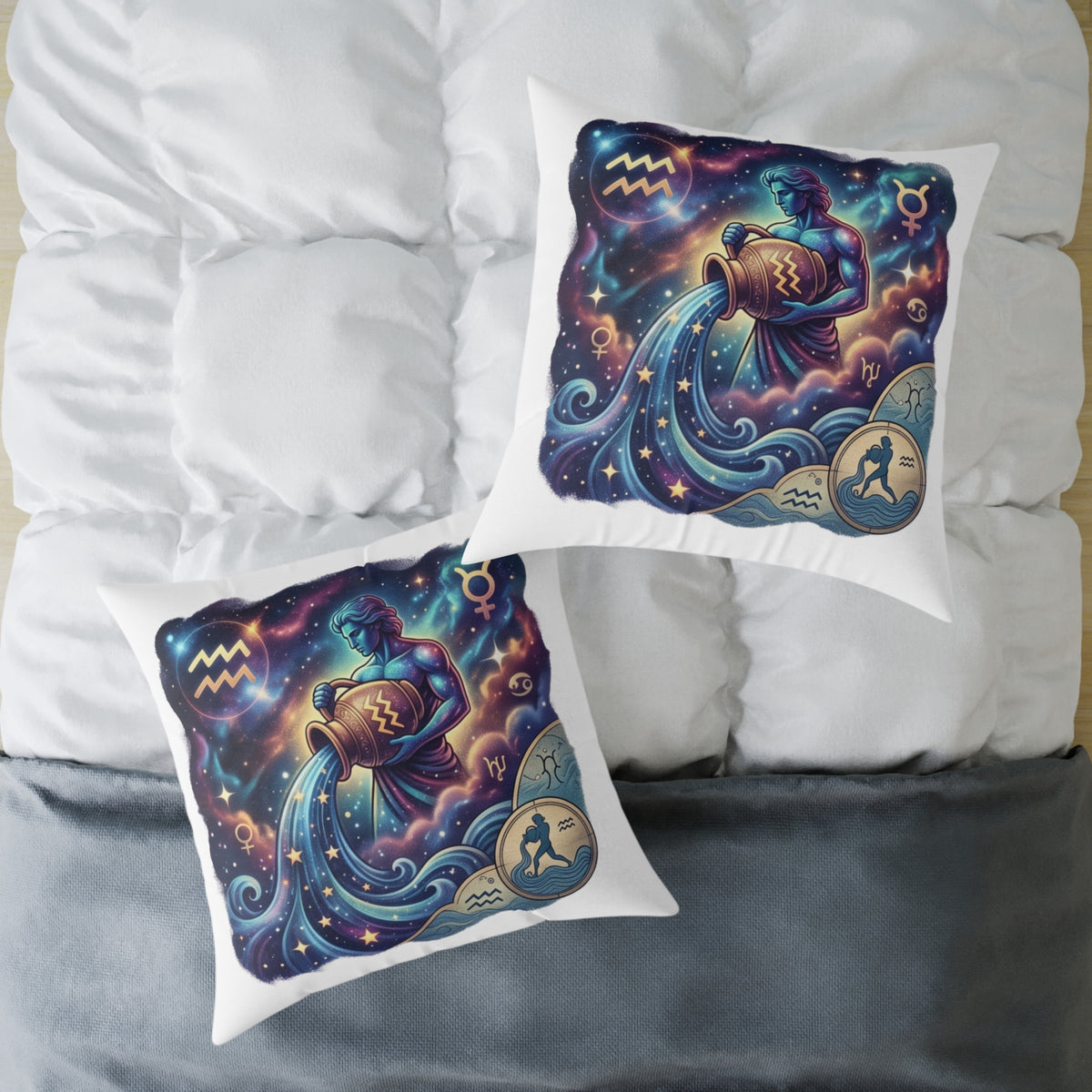 Aquarius Zodiac Pillow – Illustrated Astrological Water Bearer Throw Cushion