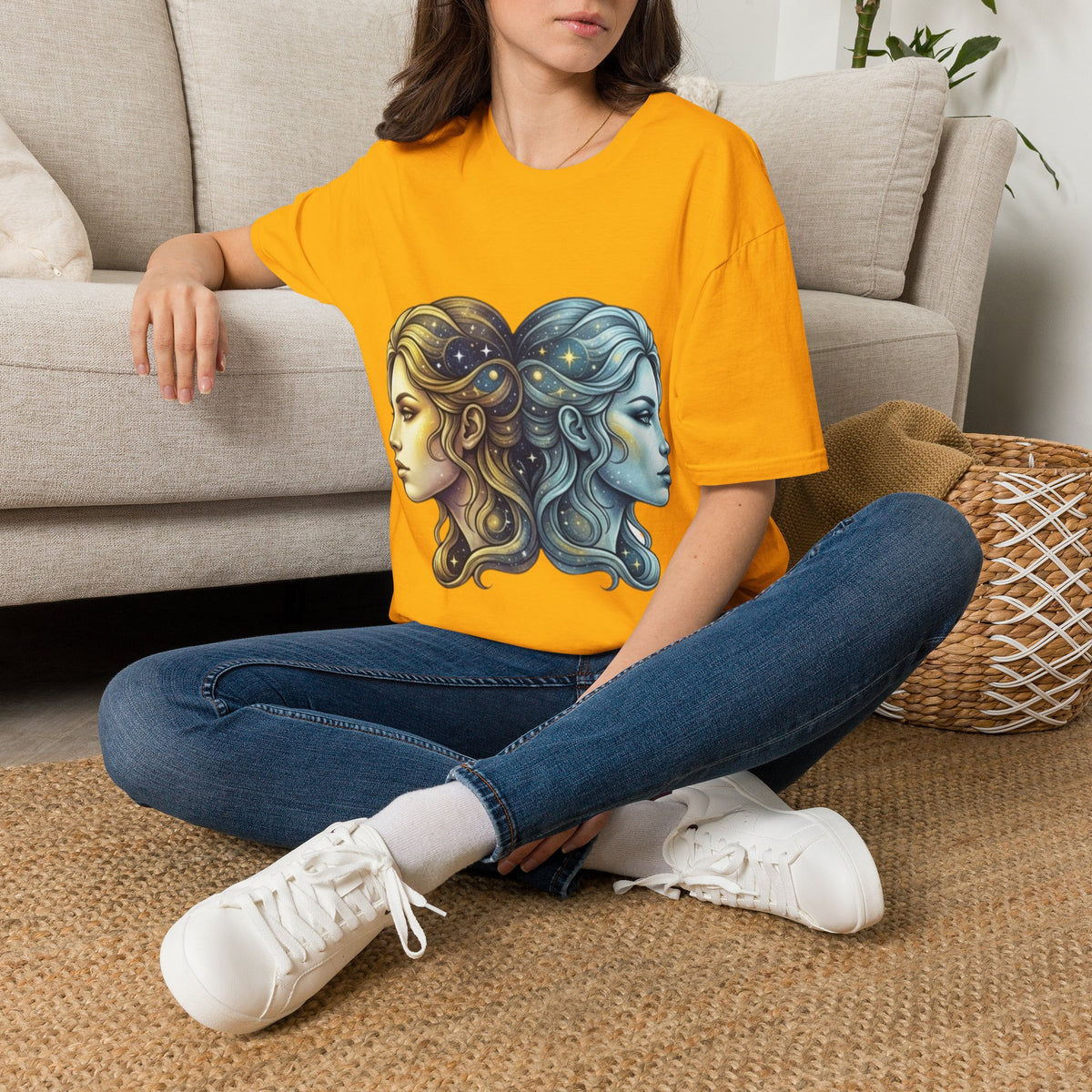 Zodiac Gemini Sun & Moon T-Shirt — Dual Faces Cosmic Design
