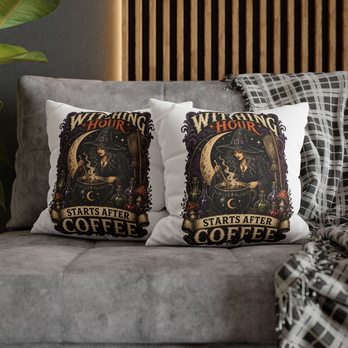 Halloween Witching Hour Pillowcase — "Witching Hour Starts After Coffee" Gothic Witch Decor