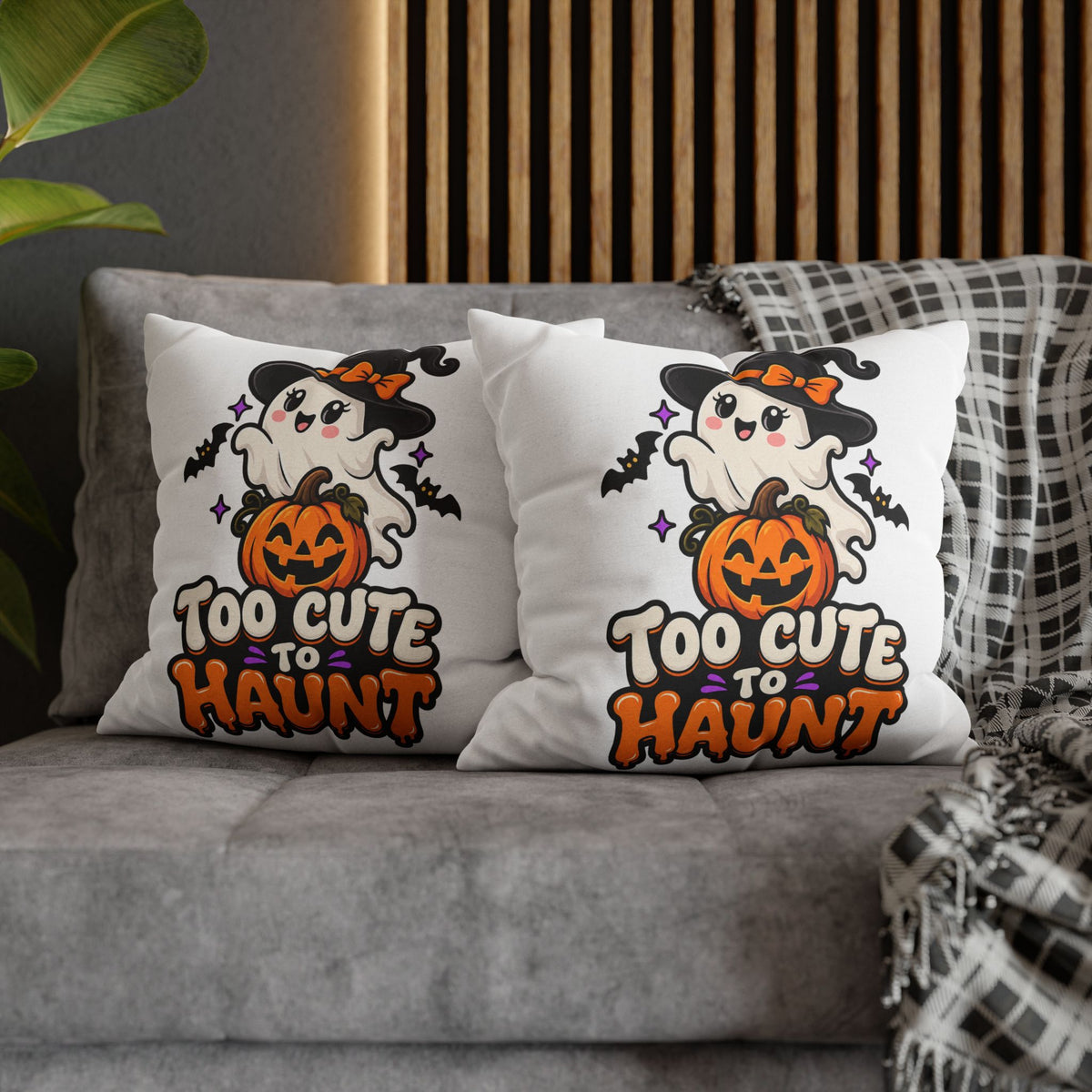 Halloween Pillowcase — "Too Cute to Haunt" Ghost Pumpkin Decorative Pillow Cover