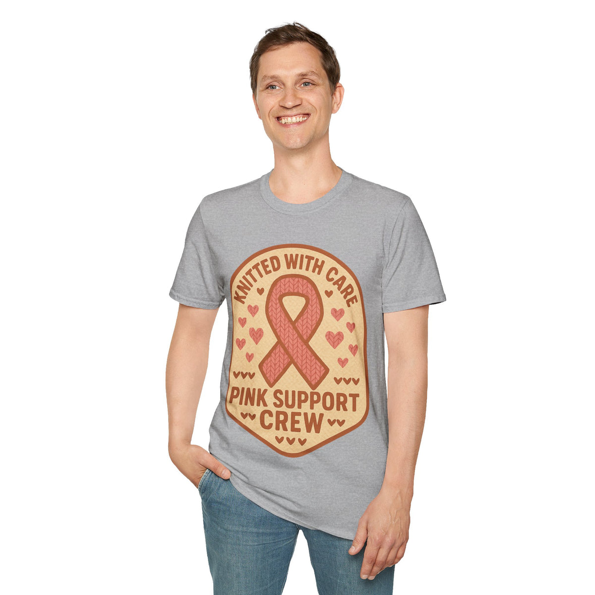 Pink Support Crew Knitted With Care Shield Badge T-Shirt, Breast Cancer Awareness Tee - Trending Now - September 2026