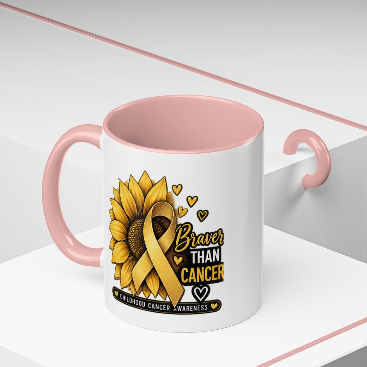 Childhood Cancer Awareness Mug — "Braver Than Cancer" Sunflower & Gold Ribbon