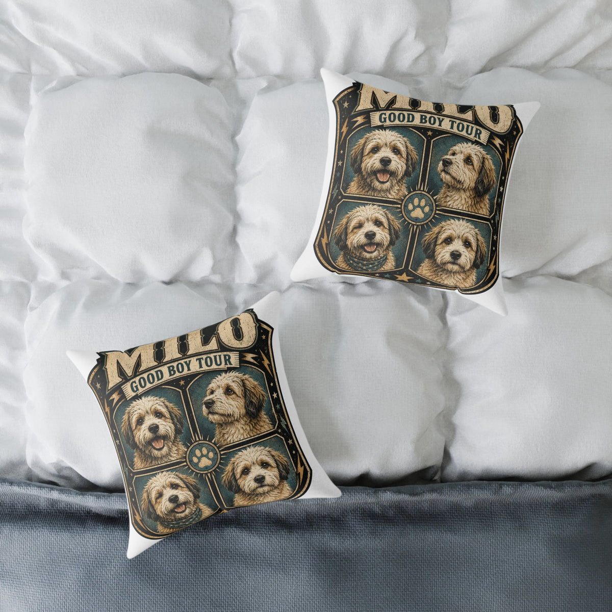 Dog Portrait Pillow - "Good Boy Tour" Vintage Puppy Square Throw Pillow  Milo Bailey Dog Dad Mom