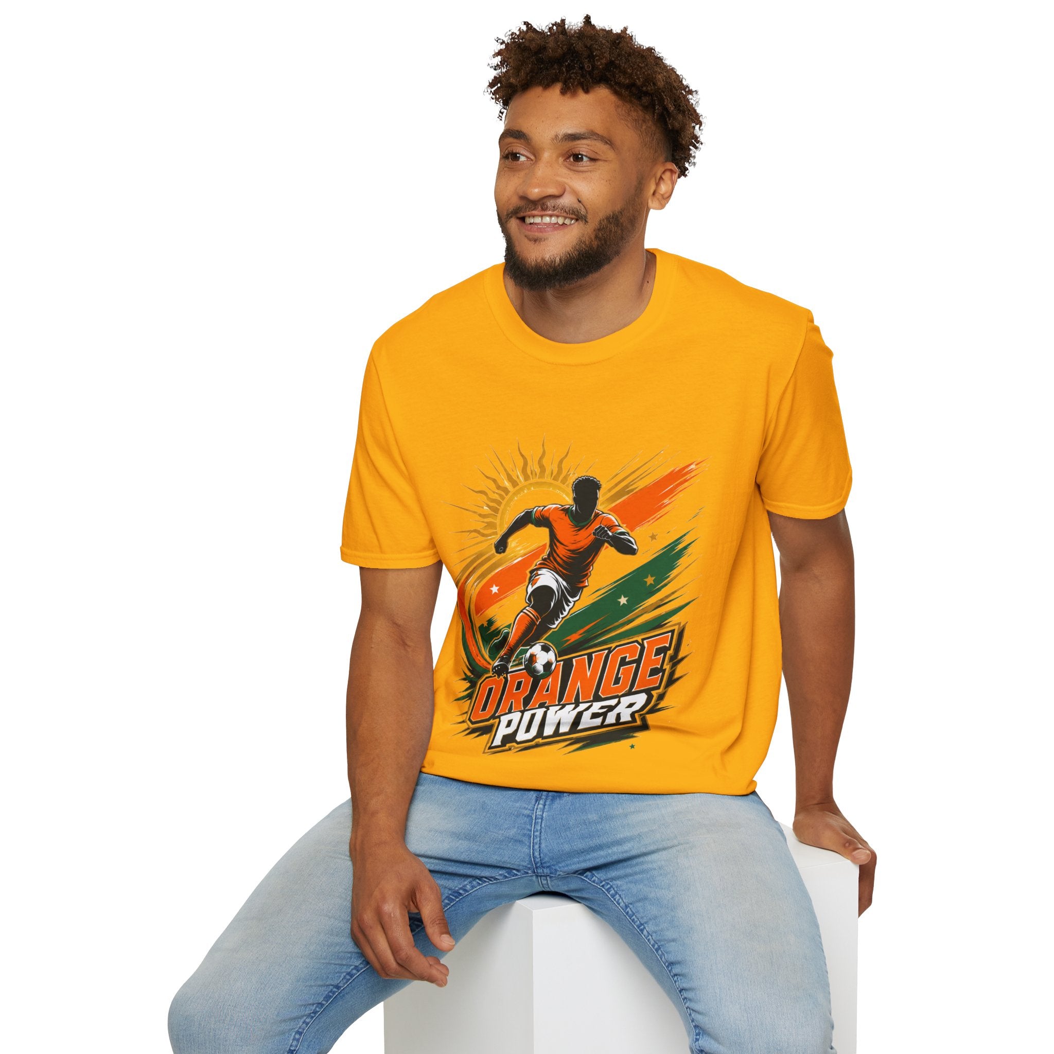 Côte d'Ivoire Orange Power Soccer T-Shirt — Dynamic Player Graphic Tee