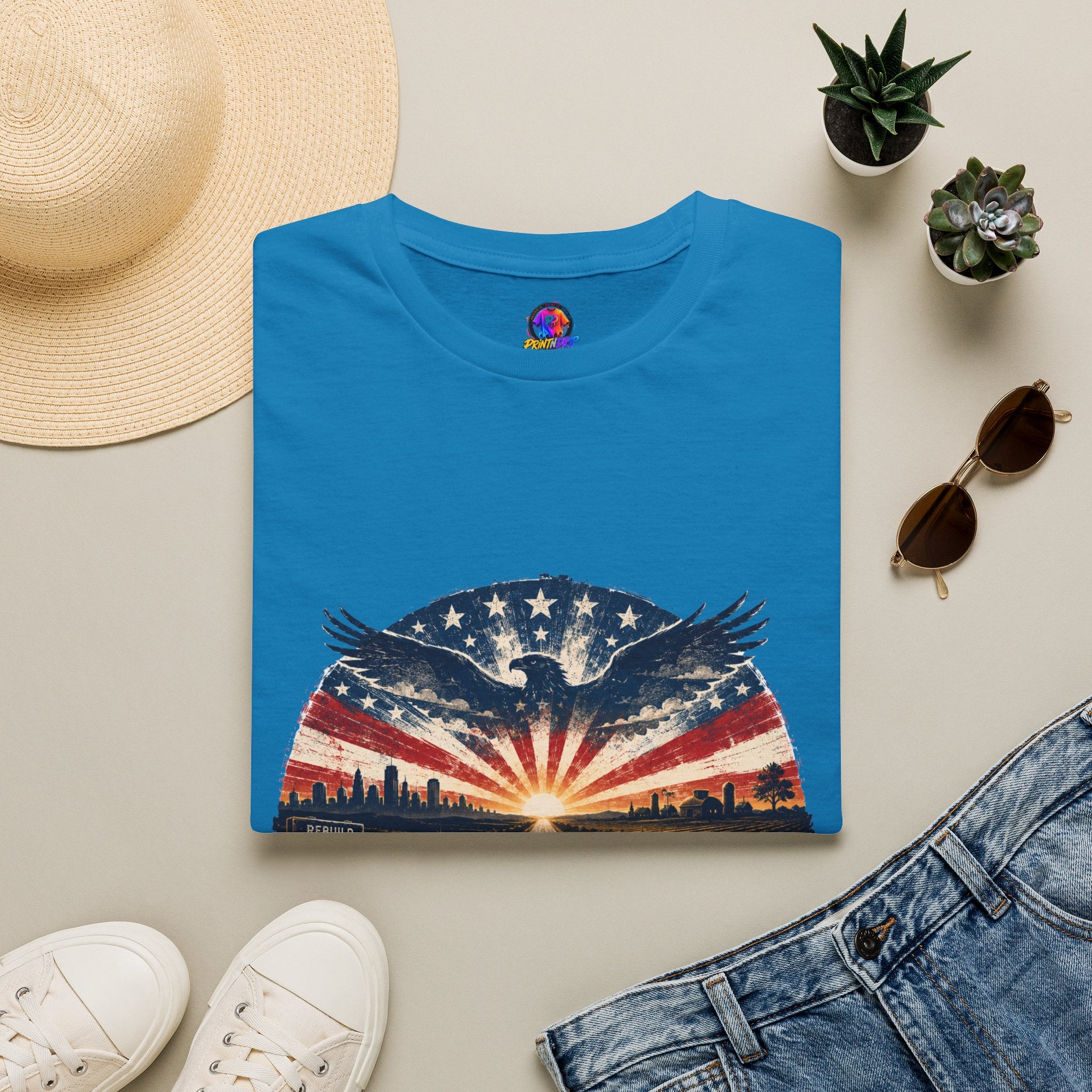 Patriotic Eagle T-Shirt — United States Skyline Vintage Flag Design