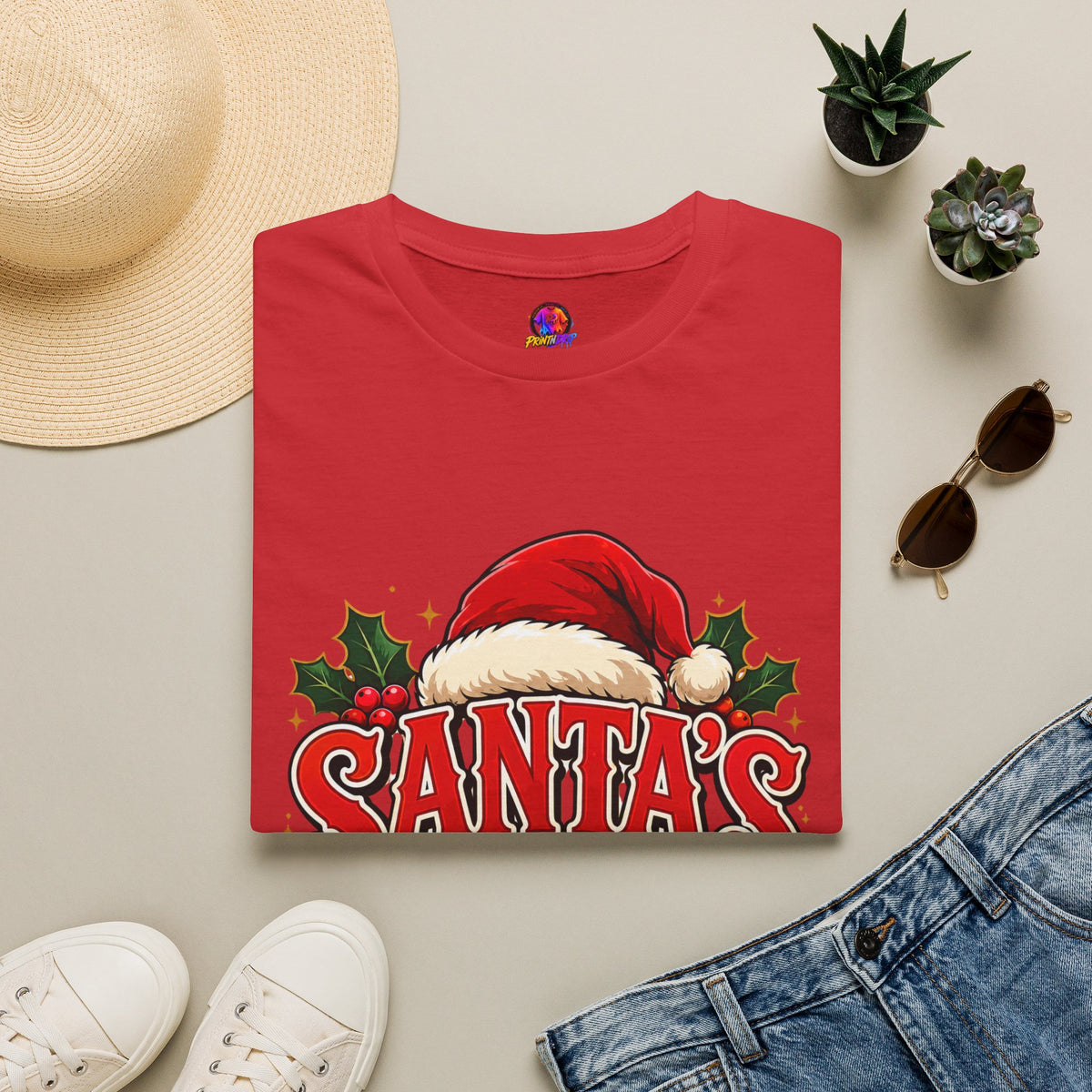 Santa's Favorite T-Shirt — Festive Christmas Tee with Santa Hat & Holly