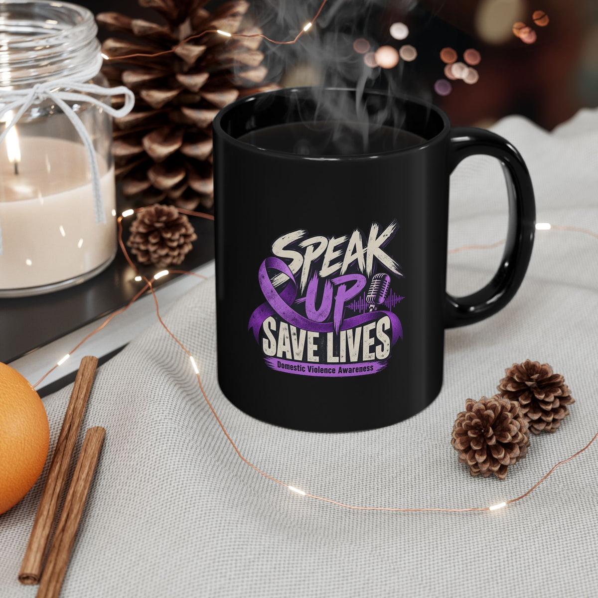 Speak Up Save Lives Black Mug – Domestic Violence Awareness