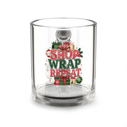 Christmas Glass Mug 10 oz Glass Mug — "Shop Wrap Repeat" Christmas Gift Coffee Mug