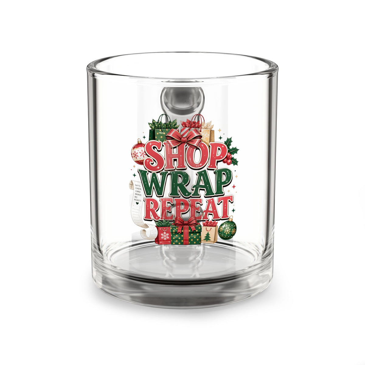Christmas Glass Mug 10 oz Glass Mug — "Shop Wrap Repeat" Christmas Gift Coffee Mug