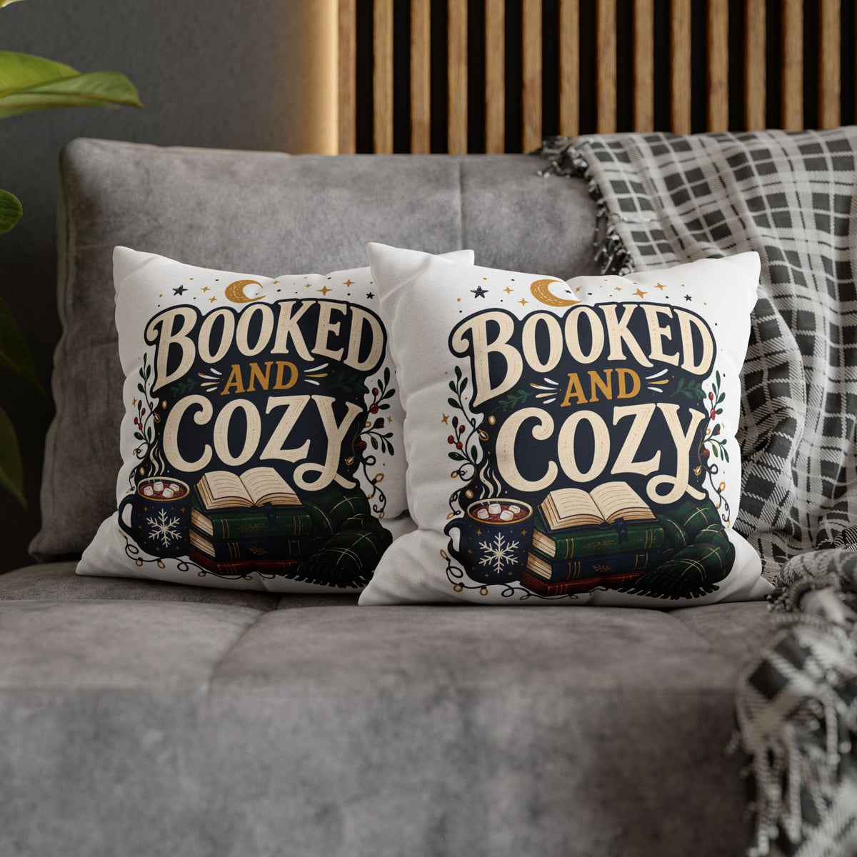 Booked and Cozy Square Pillowcase Modern Day Christmas — Booklover Decorative Throw Pillow Cover