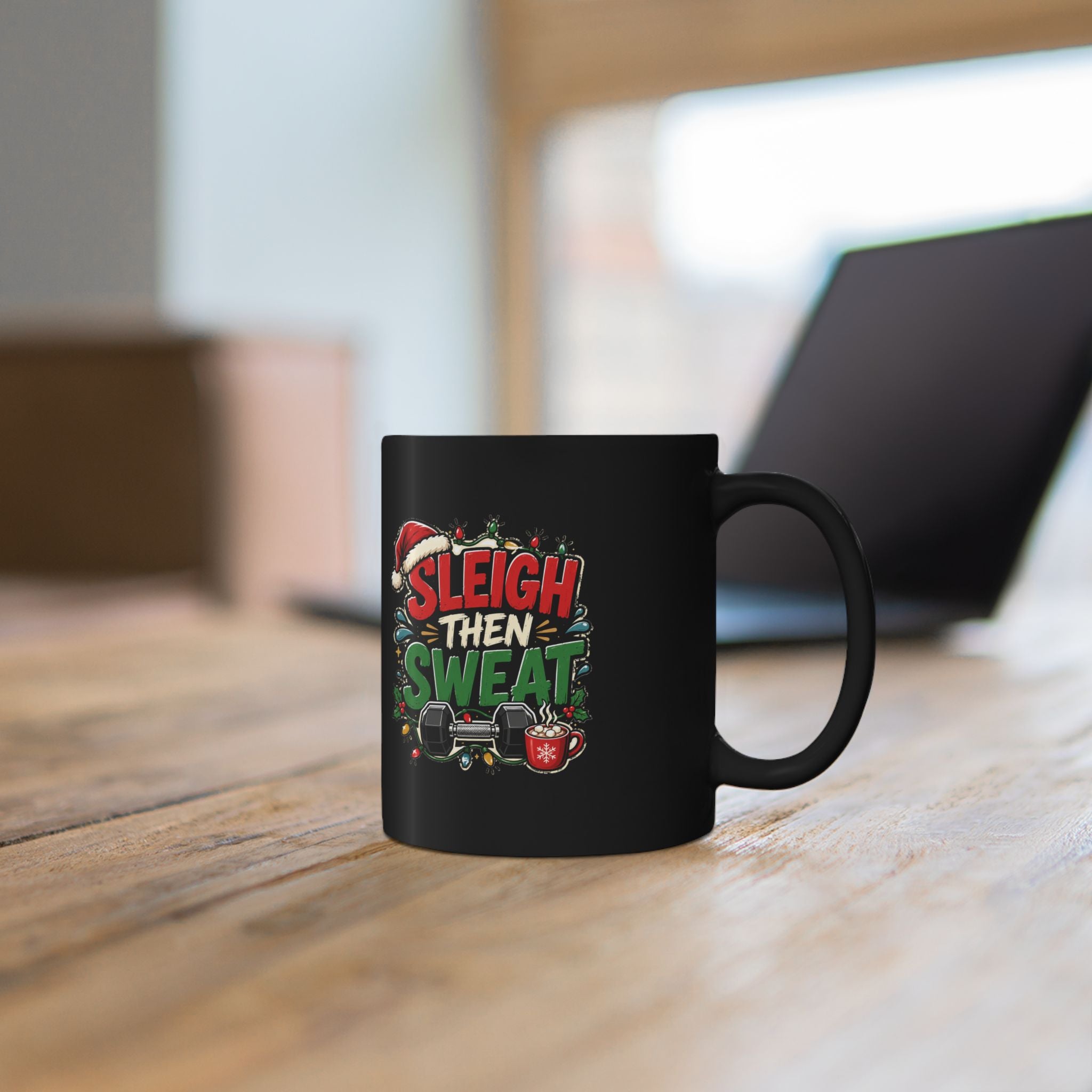 Modern Day Christmas Sleigh Then Sweat Black Mug — Christmas Fitness Coffee Cup