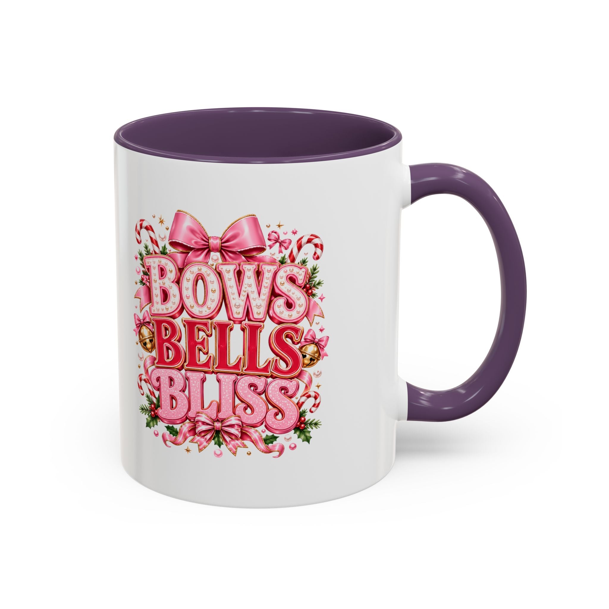 Modern Day Christmas Bows Bells Bliss Coffee Mug — Pink Holiday Accent Mug