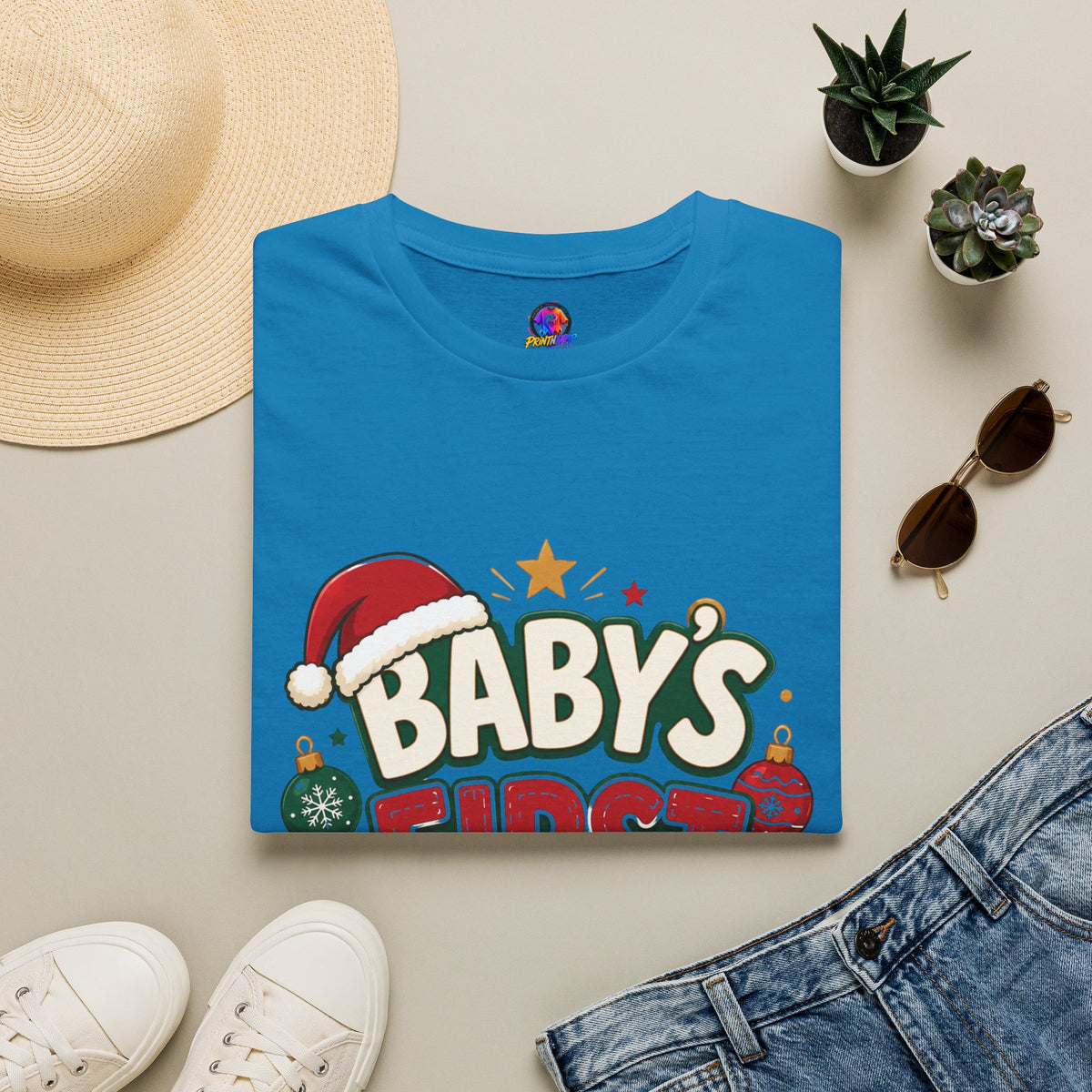Baby's First Christmas T-Shirt — Festive Santa Hat & Ornaments Holiday Tee