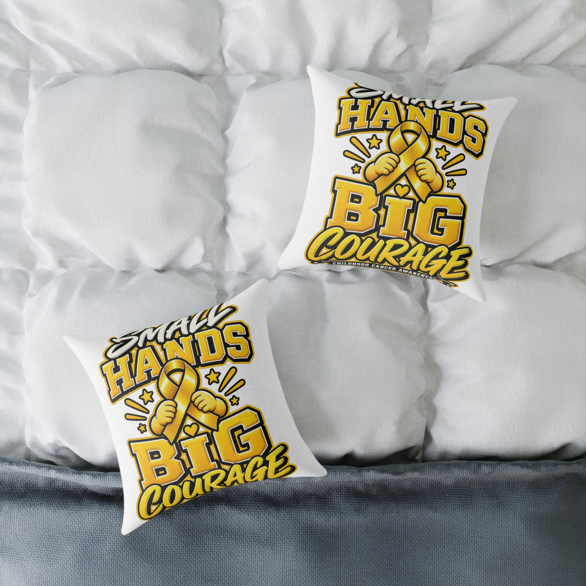 Square Pillow — "Small Hands Big Courage" Gold Ribbon Awareness Throw Pillow