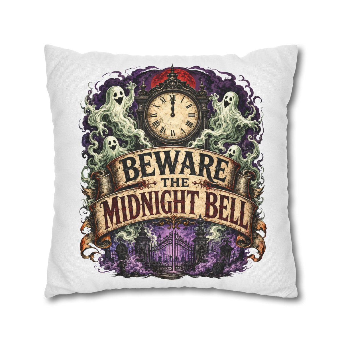 Halloween Beware the Midnight Bell Pillowcase — Haunted Clock & Ghosts Decorative Throw Pillow