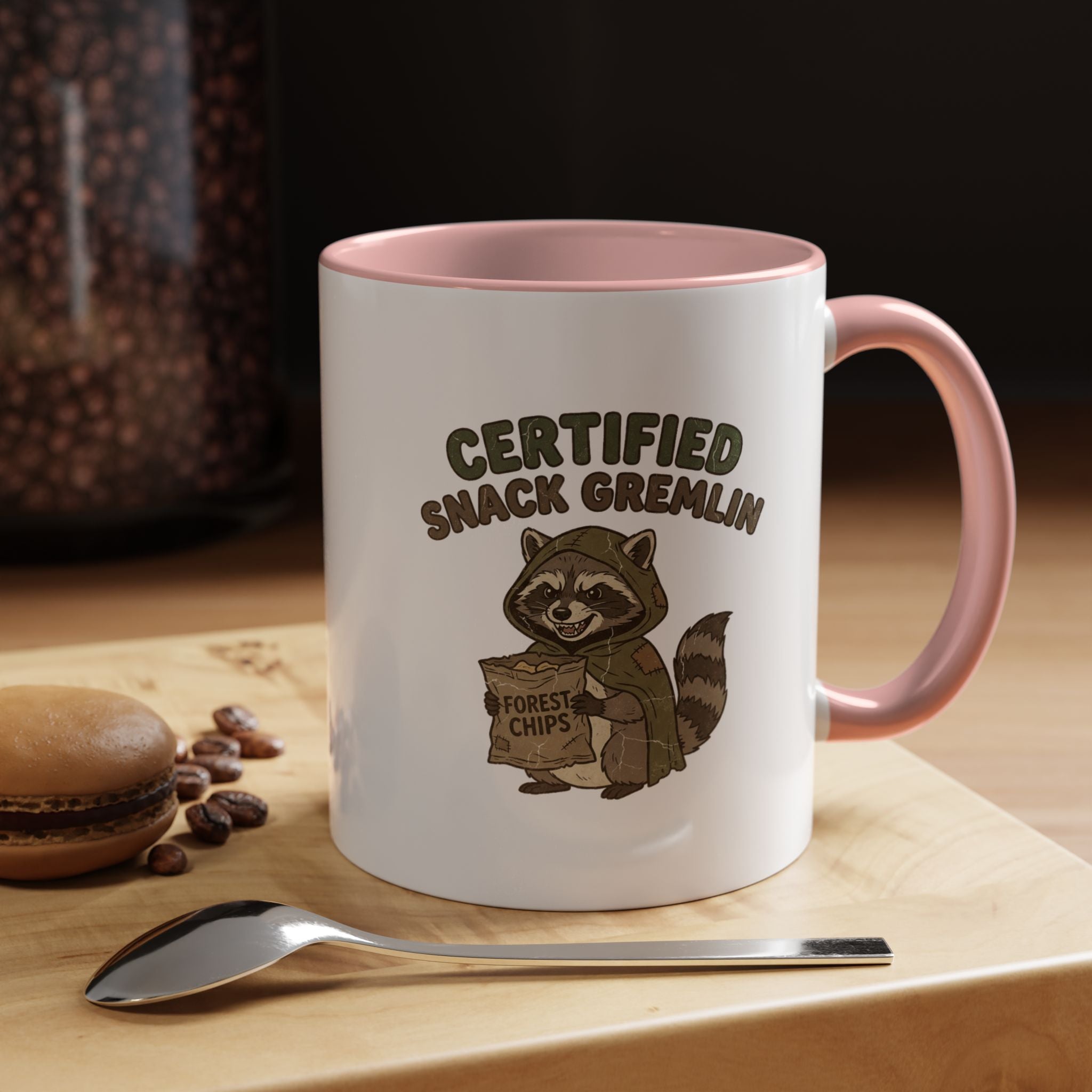 Funny Certified Snack Gremlin Coffee Mug — Cute Raccoon Snack Lover Accent Mug