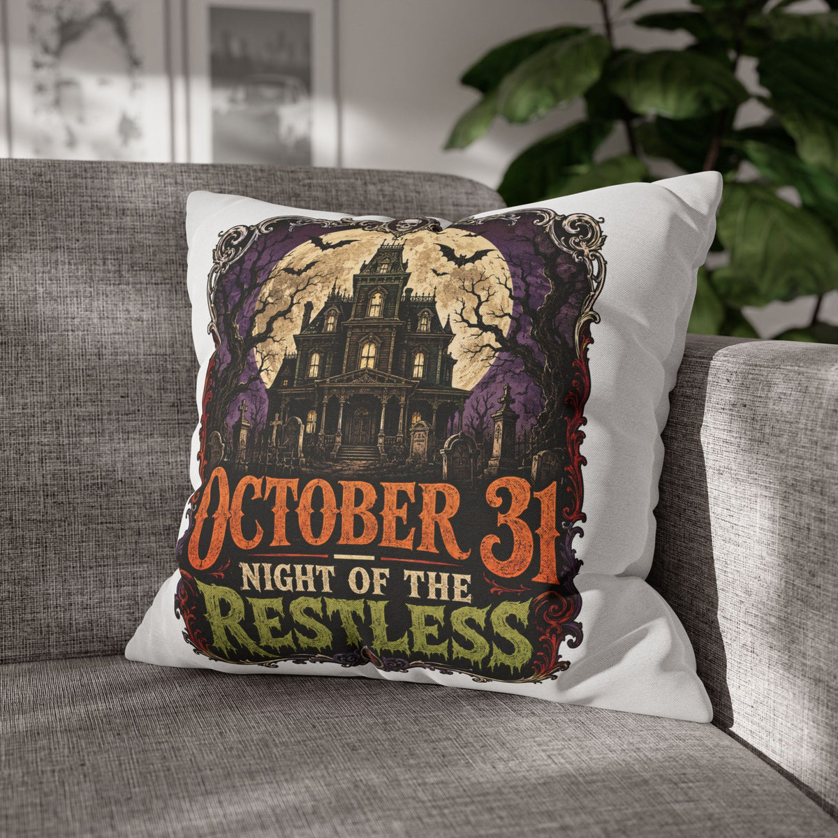 Halloween Pillowcase — "October 31 Night of the Restless" Haunted House Throw Pillow
