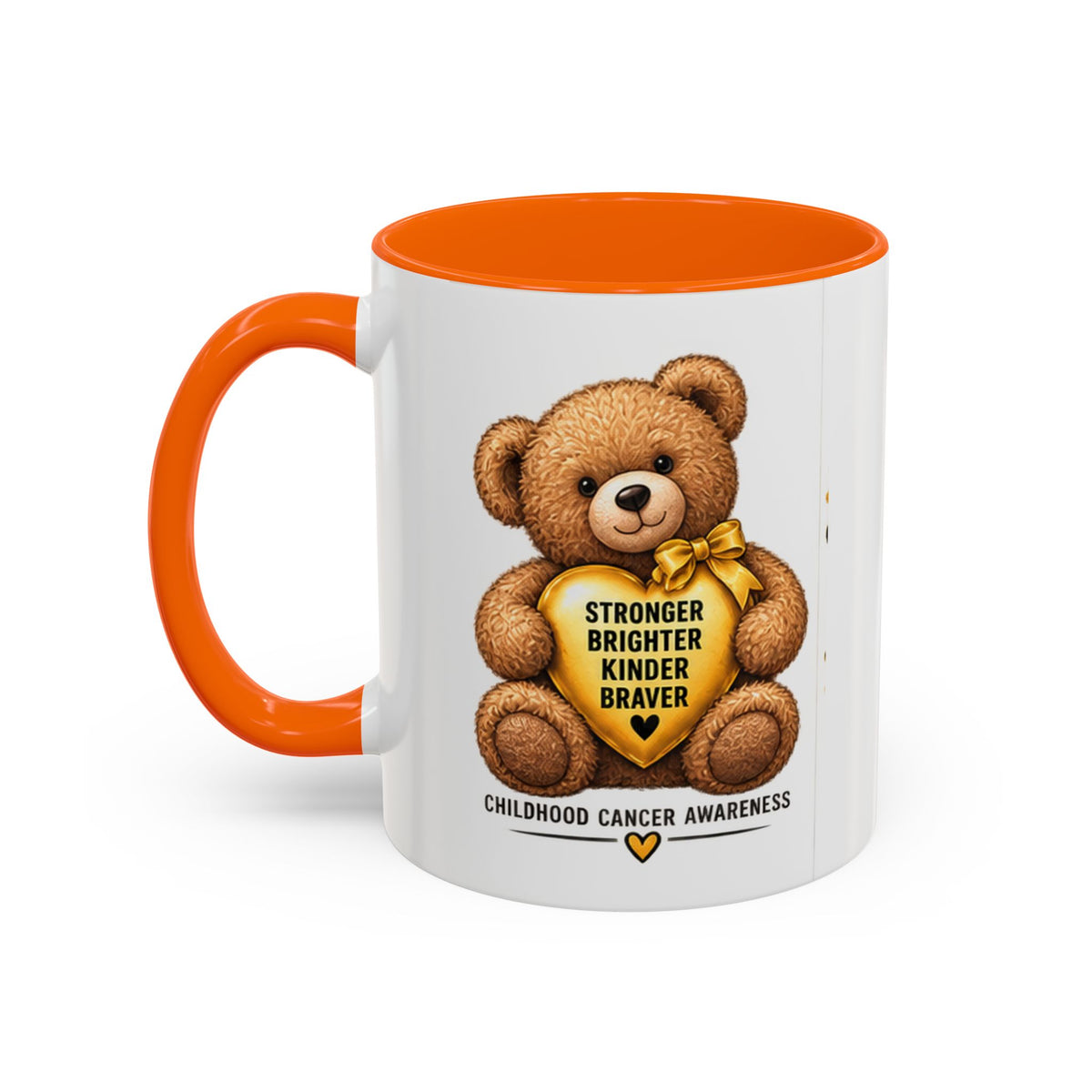 Childhood Cancer Awareness Coffee Mug — 'Stronger Brighter Kinder Braver' Teddy